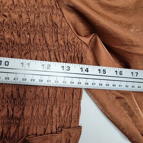Moon river puff sleeve smocked midi burnt orange iridescent dress size medium - Picture 5 of 7